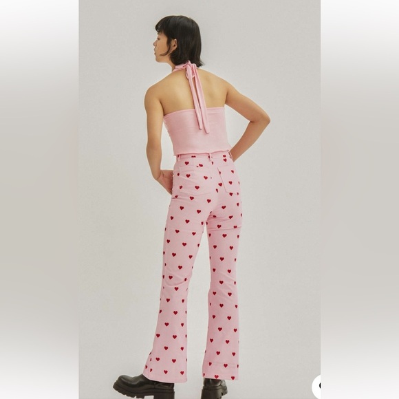 Cider small Pink Heart Pattern high rise Flared Pants. - Picture 5 of 12